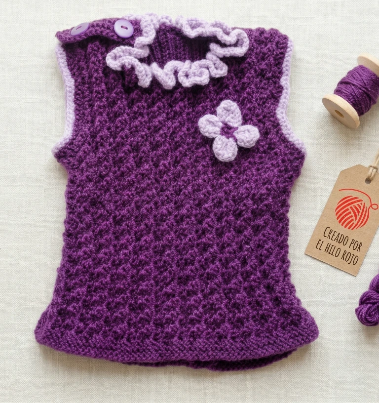 Chaleco de Bebé Tejido a Mano - Violeta Ciruela con Detalles Lila (1 a 3 Meses)