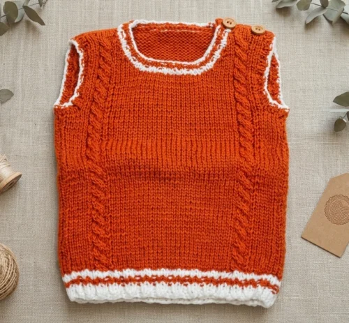 Chaleco Infantil Tejido a Mano - Marrón Anaranjado con Trenzas (12 a 18 Meses)