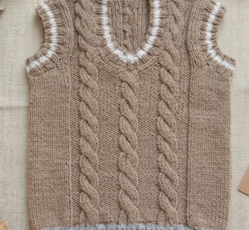 Chaleco Infantil Tejido a Mano - Beige Oscuro con Líneas Blancas (12 a 15 Meses)