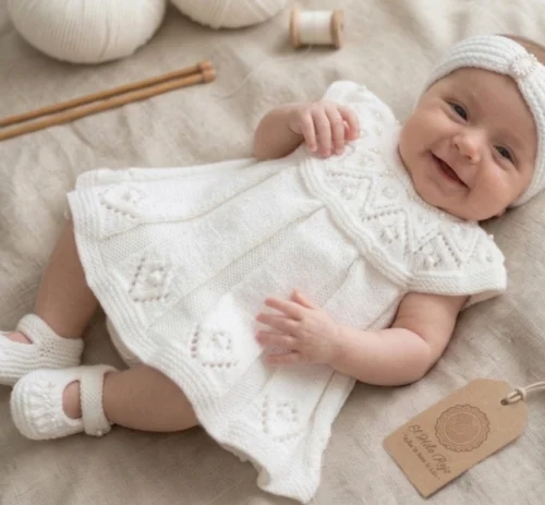 Alternative view of Vestido de Bebé Tejido a Mano - Set Blanco de 3 Piezas (0 a 3 Meses)