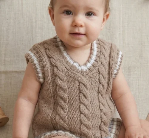 Alternative view of Chaleco Infantil Tejido a Mano - Beige Oscuro con Líneas Blancas (12 a 15 Meses)