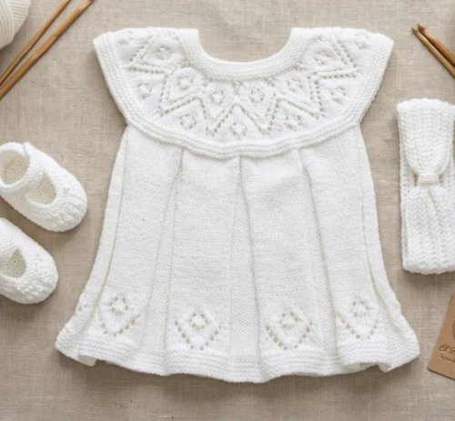 Vestido de Bebé Tejido a Mano - Set Blanco de 3 Piezas (0 a 3 Meses)