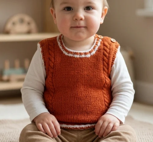 Alternative view of Chaleco Infantil Tejido a Mano - Marrón Anaranjado con Trenzas (12 a 18 Meses)