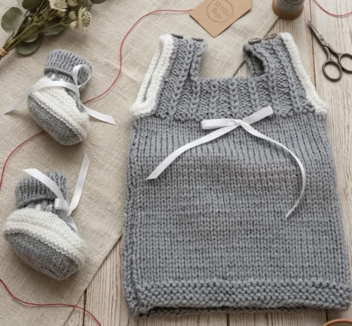 Ajuar de Recién Nacido Tejido a Mano - Conjunto Gris y Blanco