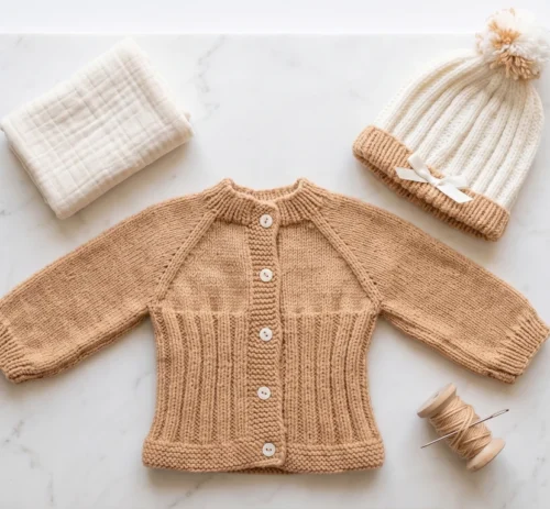 Conjunto de Bebé Tejido a Mano - Saquito Marrón y Gorrito (1 a 3 Meses)