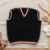 Chaleco de Bebé Tejido a Mano - Negro con Bordes Rosa (6 a 9 Meses)