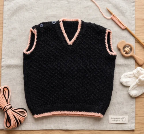 Chaleco de Bebé Tejido a Mano - Negro con Bordes Rosa (6 a 9 Meses)