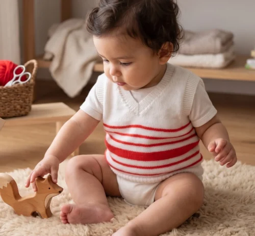 Alternative view of Chaleco Infantil Tejido a Mano - Blanco con Rayas Rojas (3 Años)