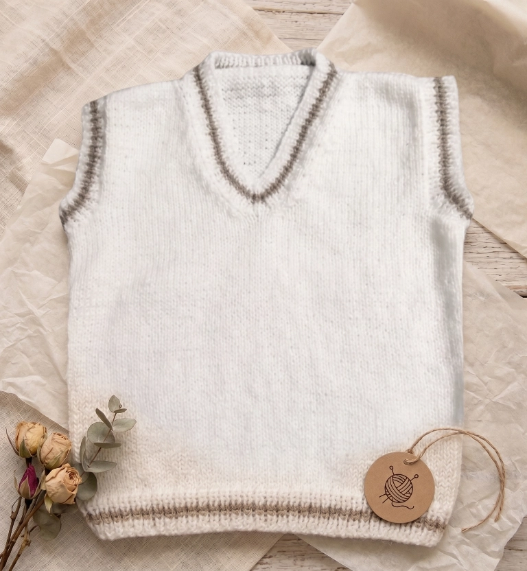 Chaleco Infantil Tejido a Mano - Diseño Blanco con Cuello en V (2 a 3 Años)