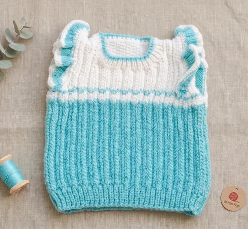 Chaleco Infantil Tejido a Mano - Diseño Turquesa y Blanco con Volados (12 a 18 Meses)