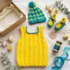 Ajuar de Bebé Tejido a Mano - Set Verde y Amarillo de 3 Piezas (1 a 3 Meses)