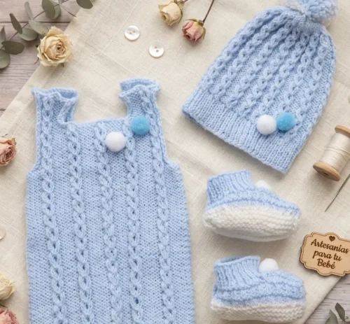 Ajuar de Nacimiento Tejido a Mano - Set Celeste de 3 Piezas (Recién Nacido)