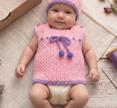 Alternative view of Set de Chaleco y Gorrito Tejido a Mano - Rosa y Violeta (1 a 3 Meses)