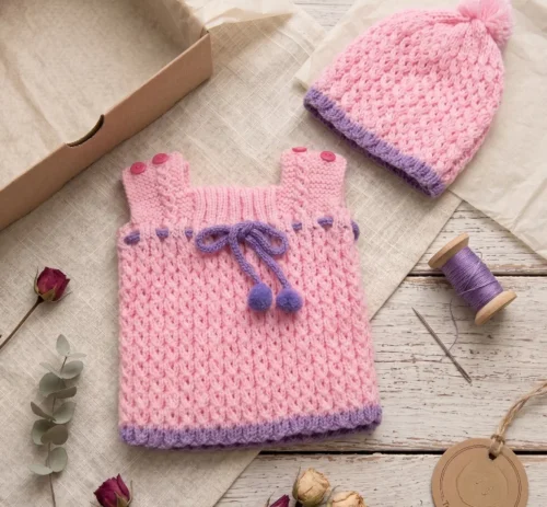 Set de Chaleco y Gorrito Tejido a Mano - Rosa y Violeta (1 a 3 Meses)
