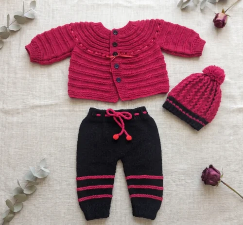 Conjunto de Bebé Tejido a Mano - Set Fucsia y Negro de 3 Piezas (3 a 6 Meses)