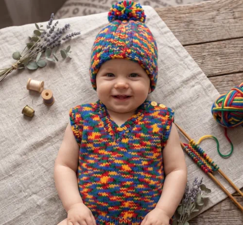 Alternative view of Set de Chaleco y Gorrito Tejido a Mano - Diseño Multicolor (18 Meses)