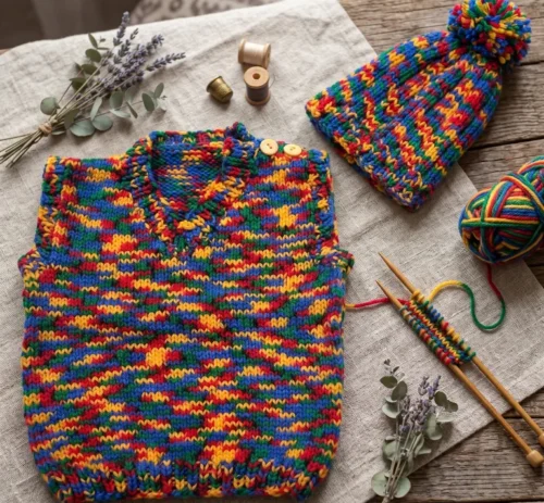 Set de Chaleco y Gorrito Tejido a Mano - Diseño Multicolor (18 Meses)